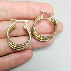 Vintage Sterling Silver Two Tone 1 Inch Hoop Earrings, 925 Italy, Estate